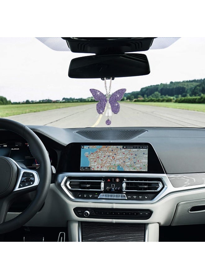 بلينج فراشة الماس السيارة معلقة الملحقات، كريستال فراشة المرآة الخلفية حظ السيارة ديكور الملحقات للنساء، عيد الحب يقدم قلادة الزينة لجميع السيارات (أرجواني) - Image 3